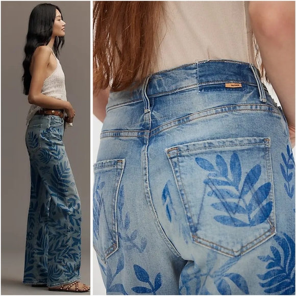 NWT Mother Denim The Lasso Sneak Jeans Pressed Leaves 29 Blue Painted Denim Jean - Picture 8 of 16